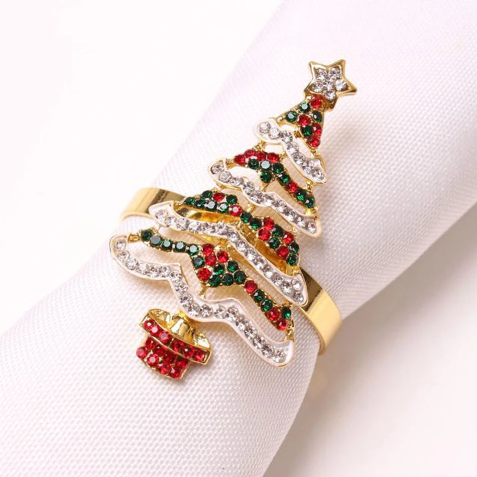 4PCS Christmas Tree Napkin Ring,Festiva Table Napkin Buckle,Diamond Deer Crafts Holder Christmas Wedding Party Supplies Decor