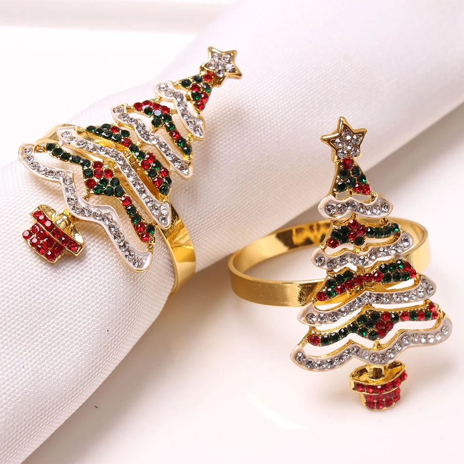 4PCS Christmas Tree Napkin Ring,Festiva Table Napkin Buckle,Diamond Deer Crafts Holder Christmas Wedding Party Supplies Decor