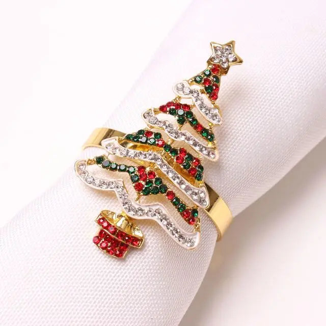 4PCS Christmas Tree Napkin Ring,Festiva Table Napkin Buckle,Diamond Deer Crafts Holder Christmas Wedding Party Supplies Decor