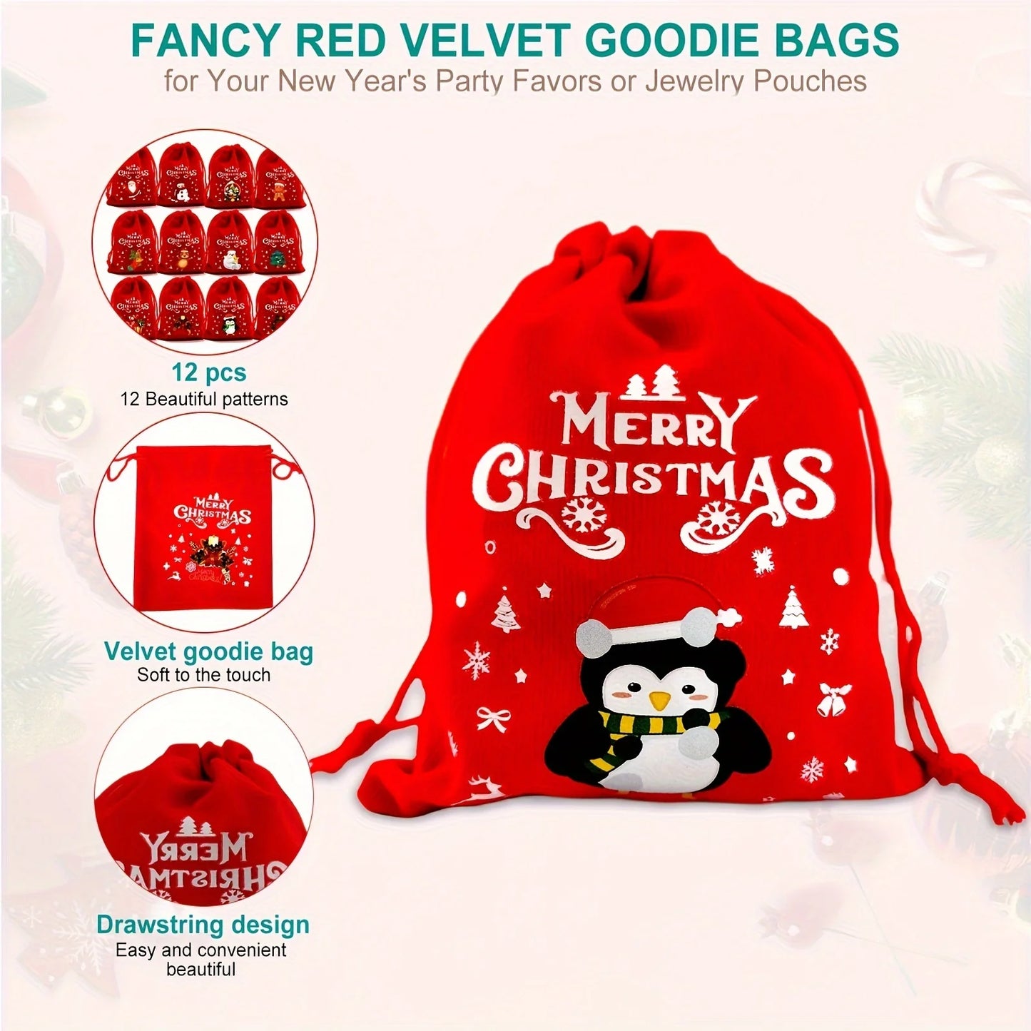 12Pcs Velvet Christmas Gift Bags with Drawstring