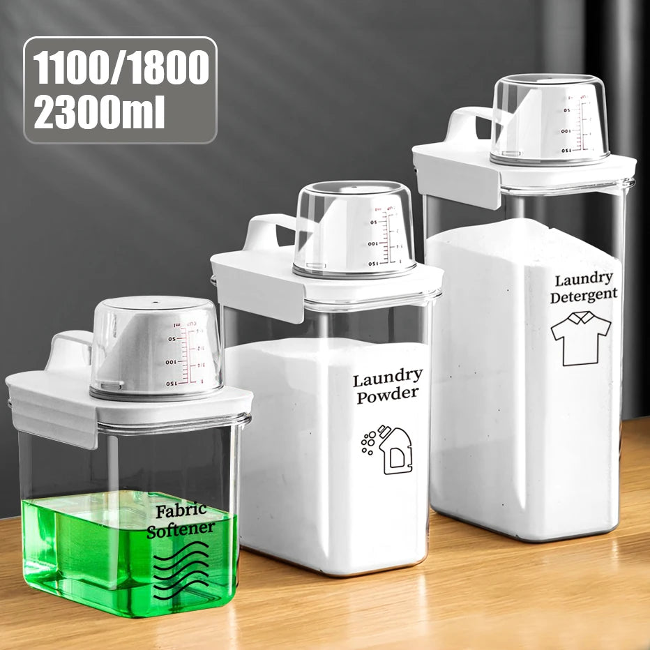 Dispensador de detergente para ropa rellenable: almacenamiento versátil para detergente, suavizante y blanqueador | Disponible en tamaños de 1100 ml, 1800 ml y 2300 ml | Incluye etiquetas para una fácil organización.