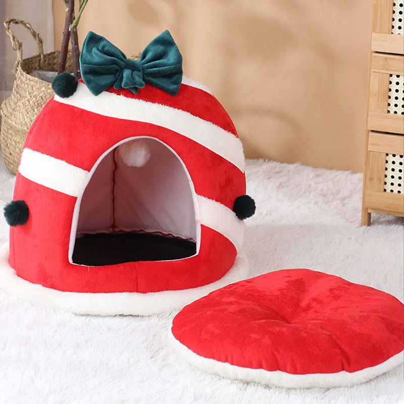 Christmas Cat Beds Closed Puppy House Winter Warm Pet Dog Sleeping Nest Large Space Bed for Small Dogs Cat Rabbit Holiday Gift