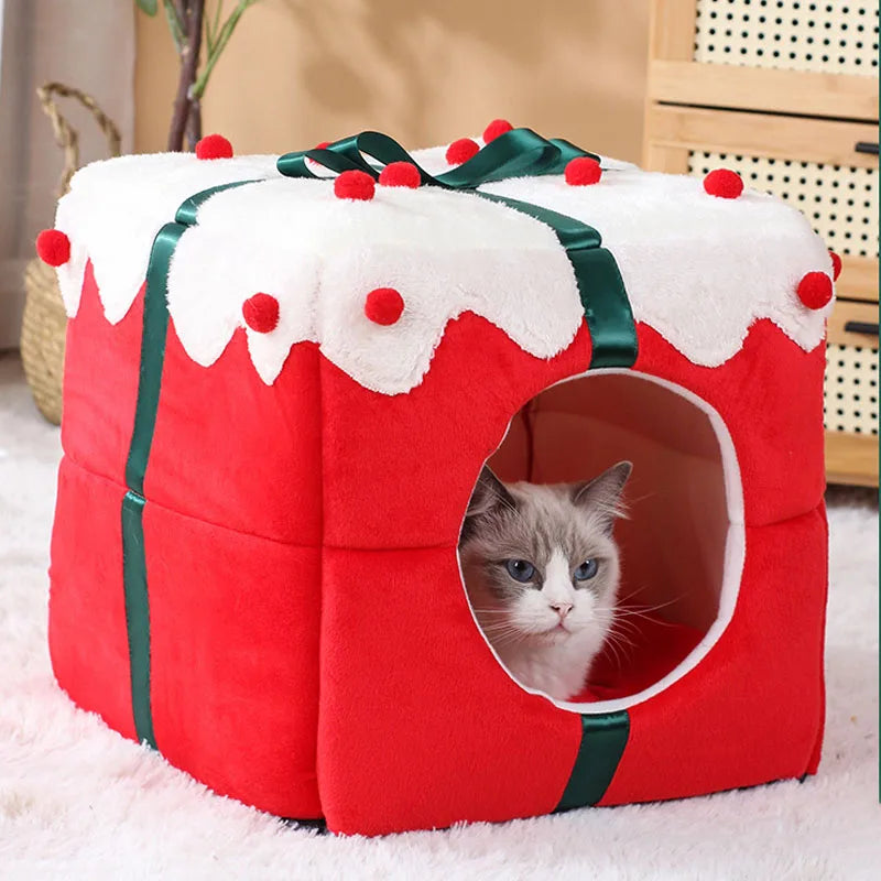 Christmas Cat Beds Closed Puppy House Winter Warm Pet Dog Sleeping Nest Large Space Bed for Small Dogs Cat Rabbit Holiday Gift