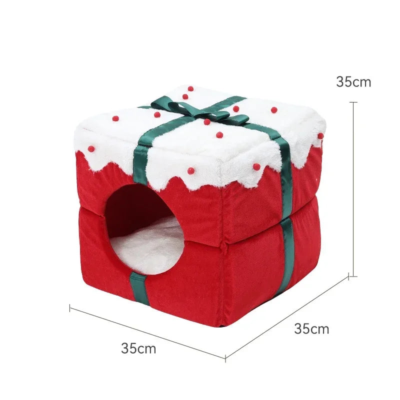 Christmas Cat Beds Closed Puppy House Winter Warm Pet Dog Sleeping Nest Large Space Bed for Small Dogs Cat Rabbit Holiday Gift