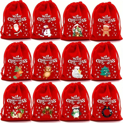 12Pcs Velvet Christmas Gift Bags with Drawstring