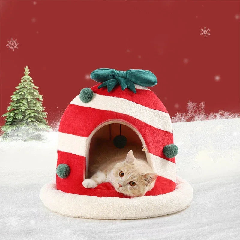 Christmas Cat Beds Closed Puppy House Winter Warm Pet Dog Sleeping Nest Large Space Bed for Small Dogs Cat Rabbit Holiday Gift