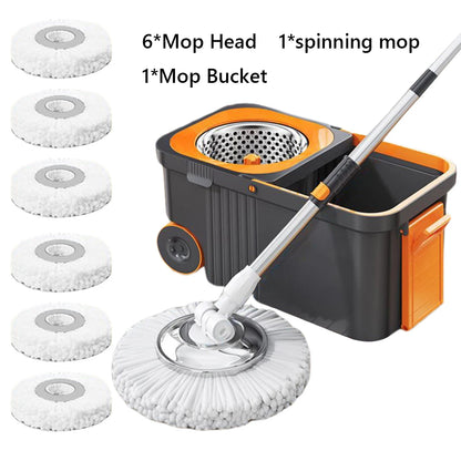 Spin Mop Bucket with 6 Replacement Head Refills Extended Handle Hand-Free Automatic Dehydration Mop for Household Floor Cleaning