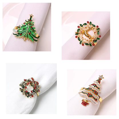 4PCS Christmas Tree Napkin Ring,Festiva Table Napkin Buckle,Diamond Deer Crafts Holder Christmas Wedding Party Supplies Decor