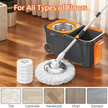 Spin Mop Bucket with 6 Replacement Head Refills Extended Handle Hand-Free Automatic Dehydration Mop for Household Floor Cleaning