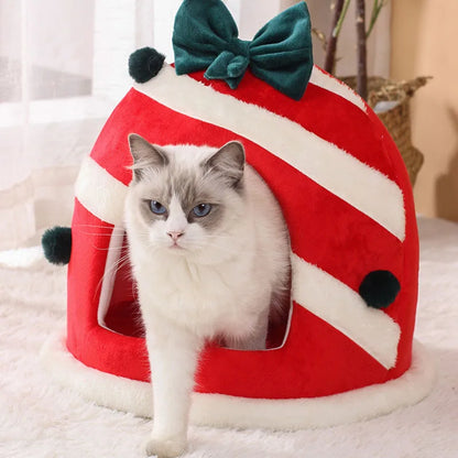 Christmas Cat Beds Closed Puppy House Winter Warm Pet Dog Sleeping Nest Large Space Bed for Small Dogs Cat Rabbit Holiday Gift