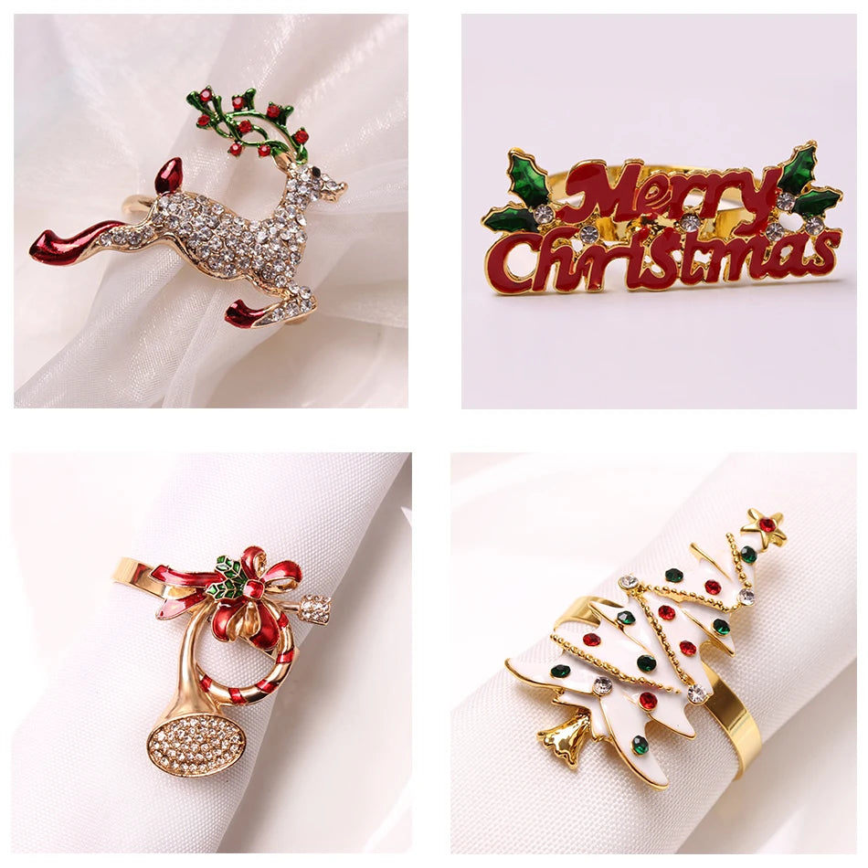 4PCS Christmas Tree Napkin Ring,Festiva Table Napkin Buckle,Diamond Deer Crafts Holder Christmas Wedding Party Supplies Decor