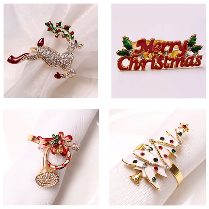 4PCS Christmas Tree Napkin Ring,Festiva Table Napkin Buckle,Diamond Deer Crafts Holder Christmas Wedding Party Supplies Decor