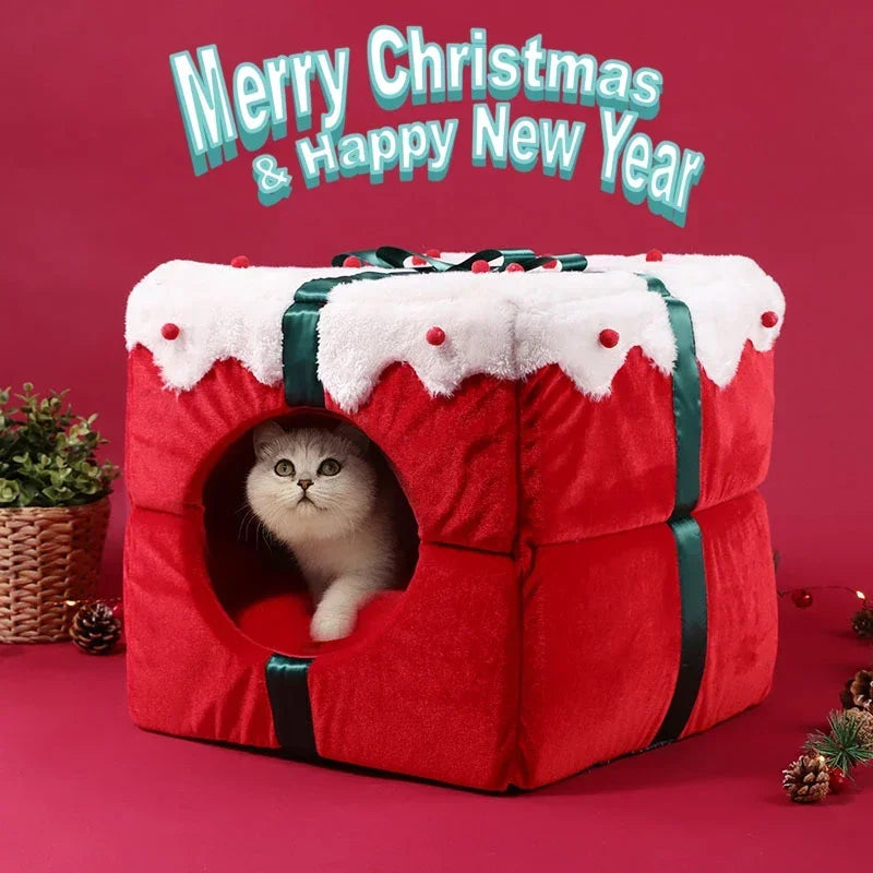 Christmas Cat Beds Closed Puppy House Winter Warm Pet Dog Sleeping Nest Large Space Bed for Small Dogs Cat Rabbit Holiday Gift