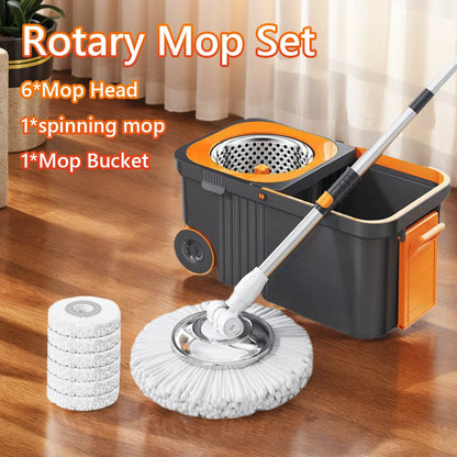 Spin Mop Bucket with 6 Replacement Head Refills Extended Handle Hand-Free Automatic Dehydration Mop for Household Floor Cleaning