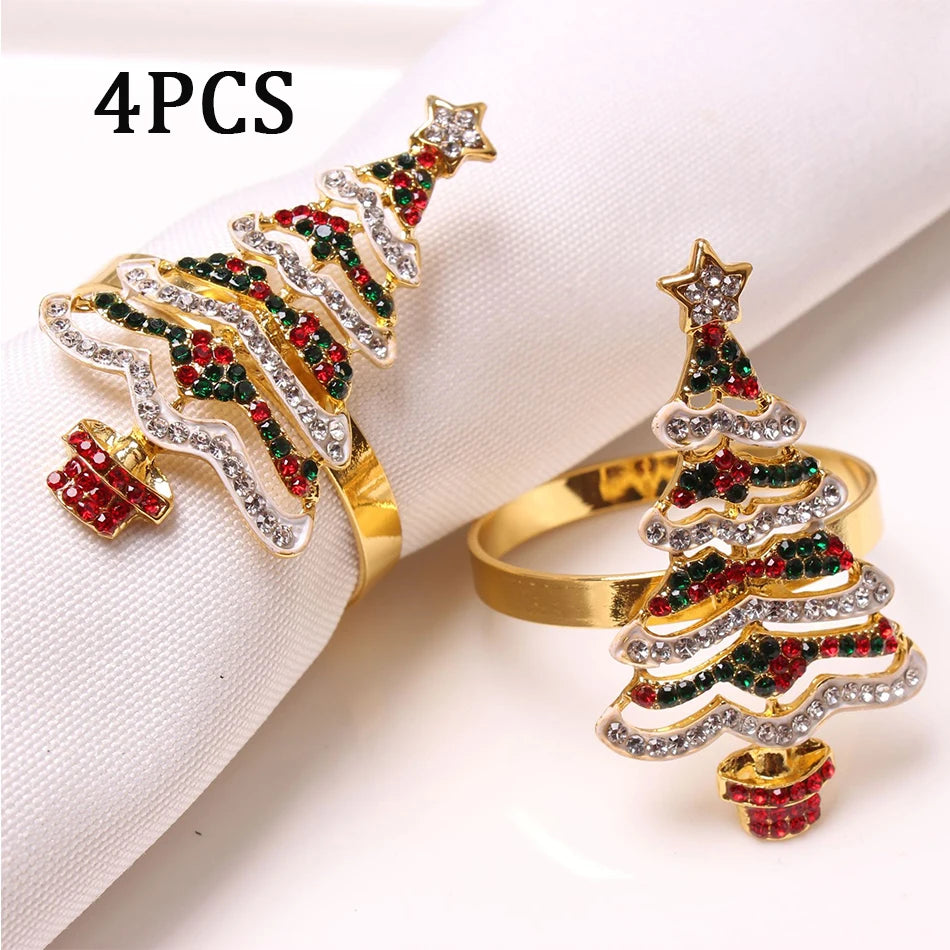 4PCS Christmas Tree Napkin Ring,Festiva Table Napkin Buckle,Diamond Deer Crafts Holder Christmas Wedding Party Supplies Decor